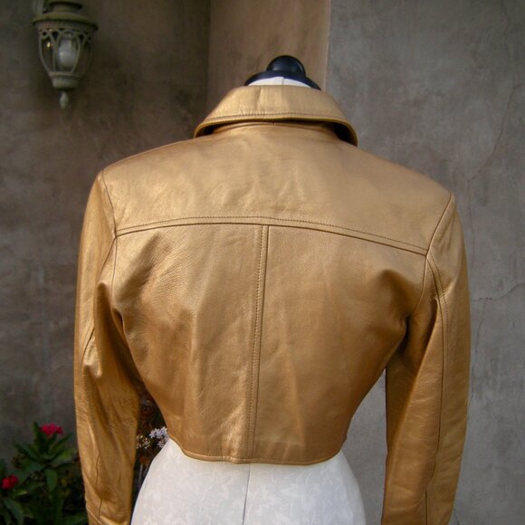 CACHE Gold Leather Cropped Sexy Little Zippered Moto Jacket - S - Picture 9 of 9